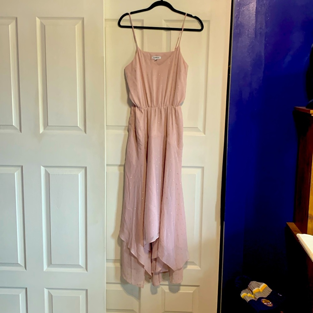 EXPRESS METALLIC CLIP DOT ASYMMETRICAL MAXI DRESS BLUSH/GOLD